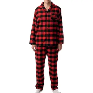 Men’s Plaid Button Front Flannel Pajamas Set - Long Sleeve Long Pant Classic Cotton