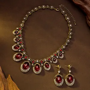 Burgundy Gem Statement Necklace & Earring Set Gold-Tone Vintage Luxury Jewelry for Evening Looks Women's Elegant Accessories