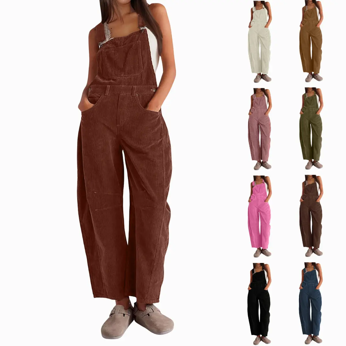 Molitree Women's Corduroy Overalls Barrel Wide Leg Bib Pants Adjustable Romper Jumpsuit with Pockets  Casual Wideleg Womenswear Brown Basic Fitted Minimalist Navy