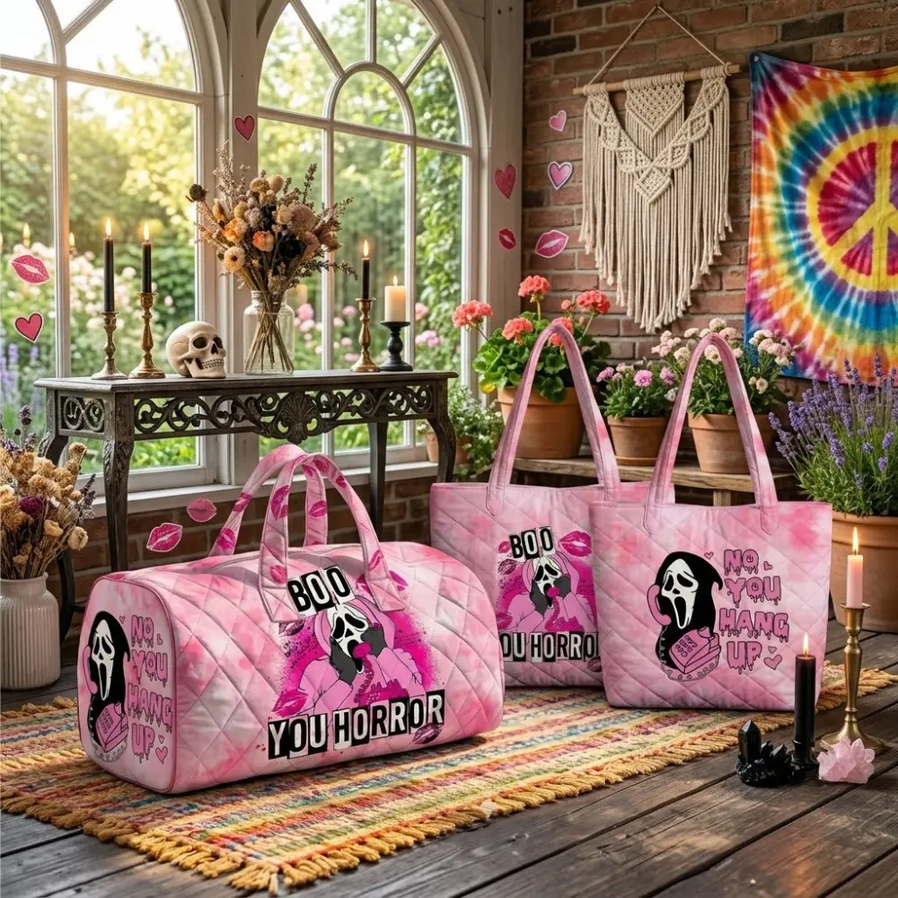 Ghostface Quilted Tote and Weekender Bag Set, Pink Spooky Halloween Horror Graphic Travel Design, Gift for Halloween Lovers