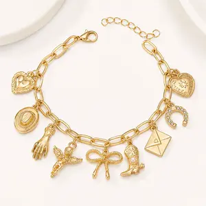 Golden Color Heart Locket Charm Bracelet & Trendy Bracelet with Bow Cowgirl Hat Boots Horse Shoe Charms Jewelry Gift for Women