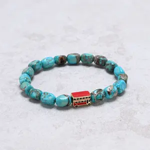 King Howlite Turquoise Natural Gemstone Stretch Bracelet With London Routemaster Bus Accent Bead