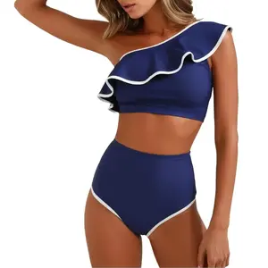 Women's Navy One Shoulder Ruffle Two Piece Swimsuit, Contrast Trim High Waist Bottoms, Retro Tummy Control Bathing Suit