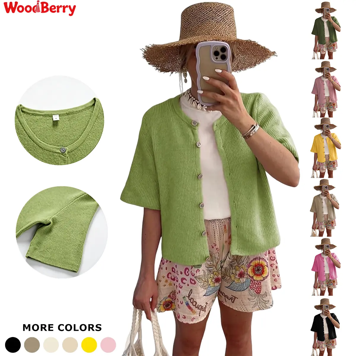 WoodBerry Women's Lightweight Short Sleeve Cardigan Sweater-Crew Neck, Soft Ribbed Knitting Fabric, Button-Down, Breathable Flattering Fit Top for Business Casual Outfits, Office Travel Layering Cover-Up,back to school,back to school shopping