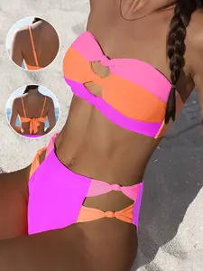 Popvil Bandeau Color Block Knot Cutout Neno Bikini Set,Tummy Control High Waisted Swimsuit with Removable Strap, Neon Bathing Suit,dealsforyoudays