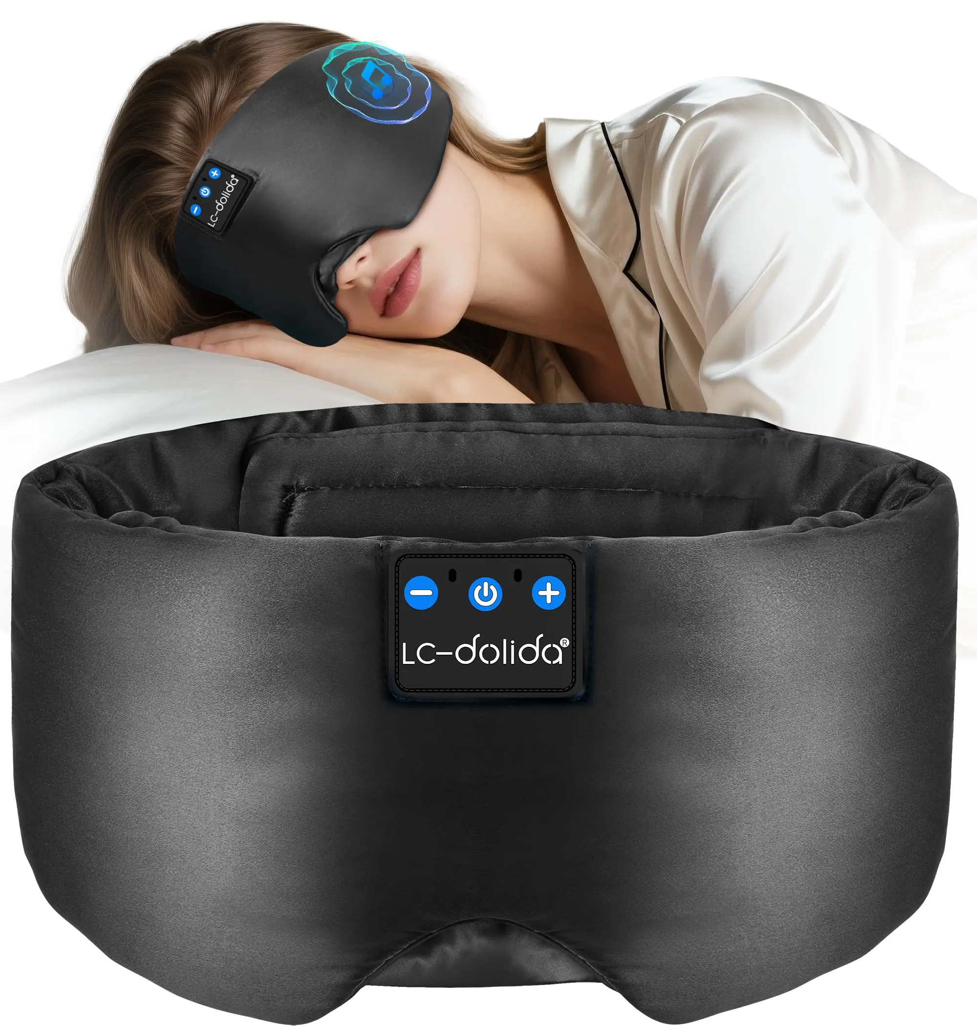 LC-dolida Luxury 3C Solid-Color Silk Sleep Eye Mask - Black, Bluetooth 5.4 Built-in Headphones, Ultra-Soft 100% Blackout Night Mask, Storage Included, Ideal for Side Sleepers & Travel Gifting