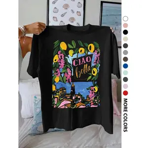 Stylish Lemon and Letter Print Round Neck T Shirt for Women Casual Short Sleeve Summer Top