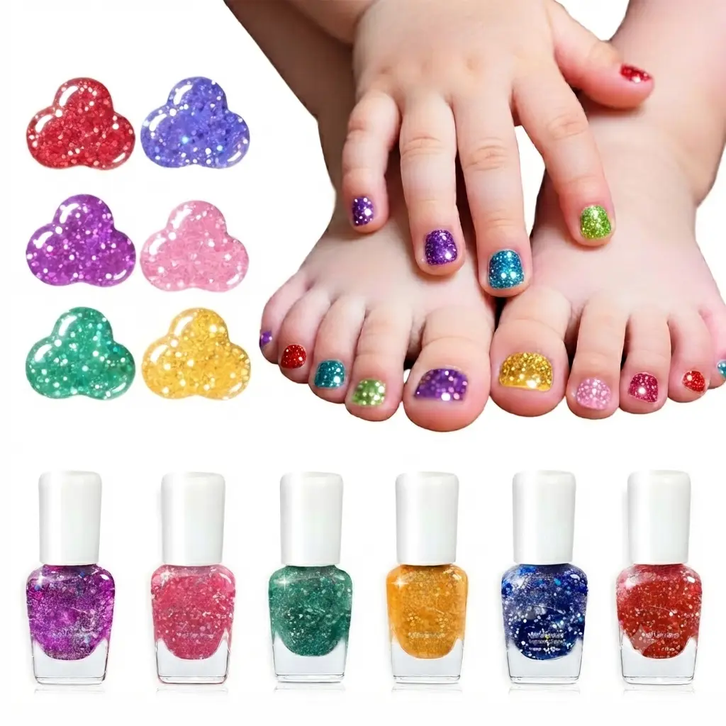 6-Piece Rainbow Kids Nail Polish Set, Non-Toxic Water-Based Peelable Glitter Nail Polish, Quick-Dry Fingernail Polish for Kids, Toddlers & Girls, Halloween DIY Gifts