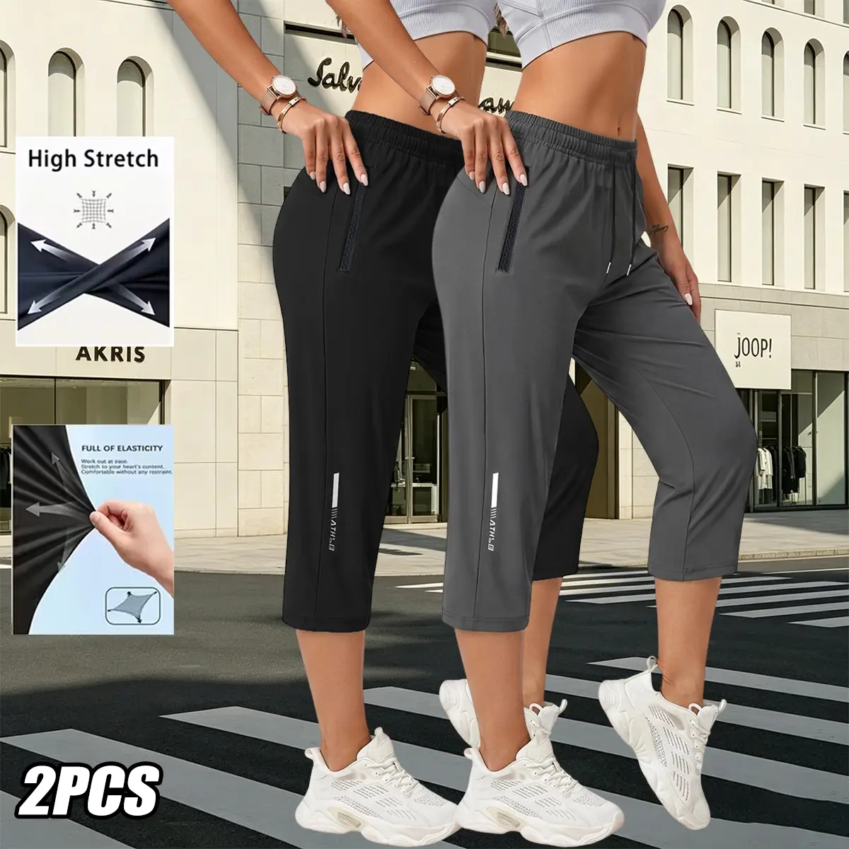 Female Sporty Chic 2-Piece Summer Quick-Dry Athletic Shorts Set, Elastic Waist with Drawstring Adjustment, Solid Color, Zippered Pockets, Breathable, Loose Fit for Running