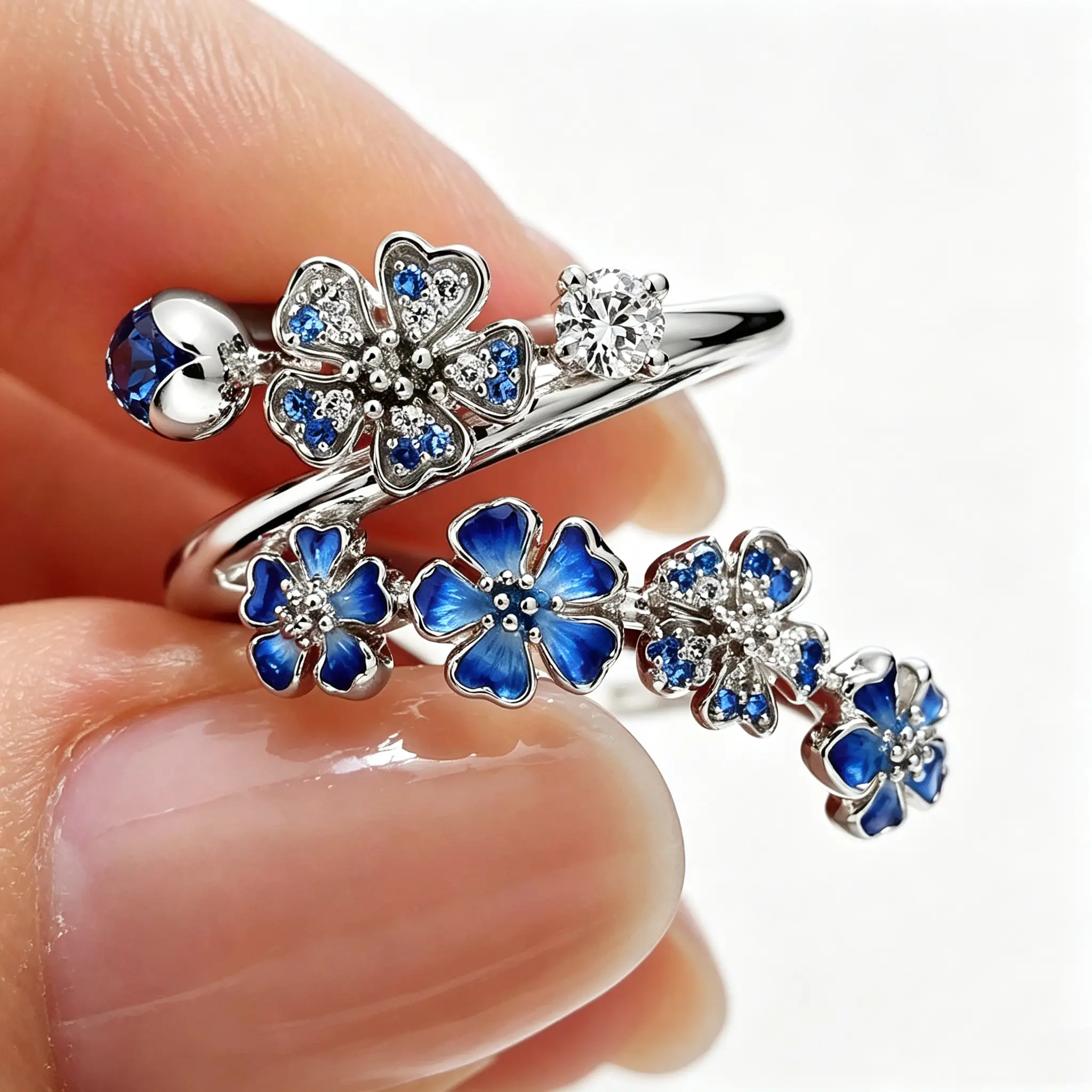 Adjustable Open Blue Enamel Iris Flower Ring, Stainless Steel Band with Cubic Zirconia, Dainty Floral Stackable Ring for Women