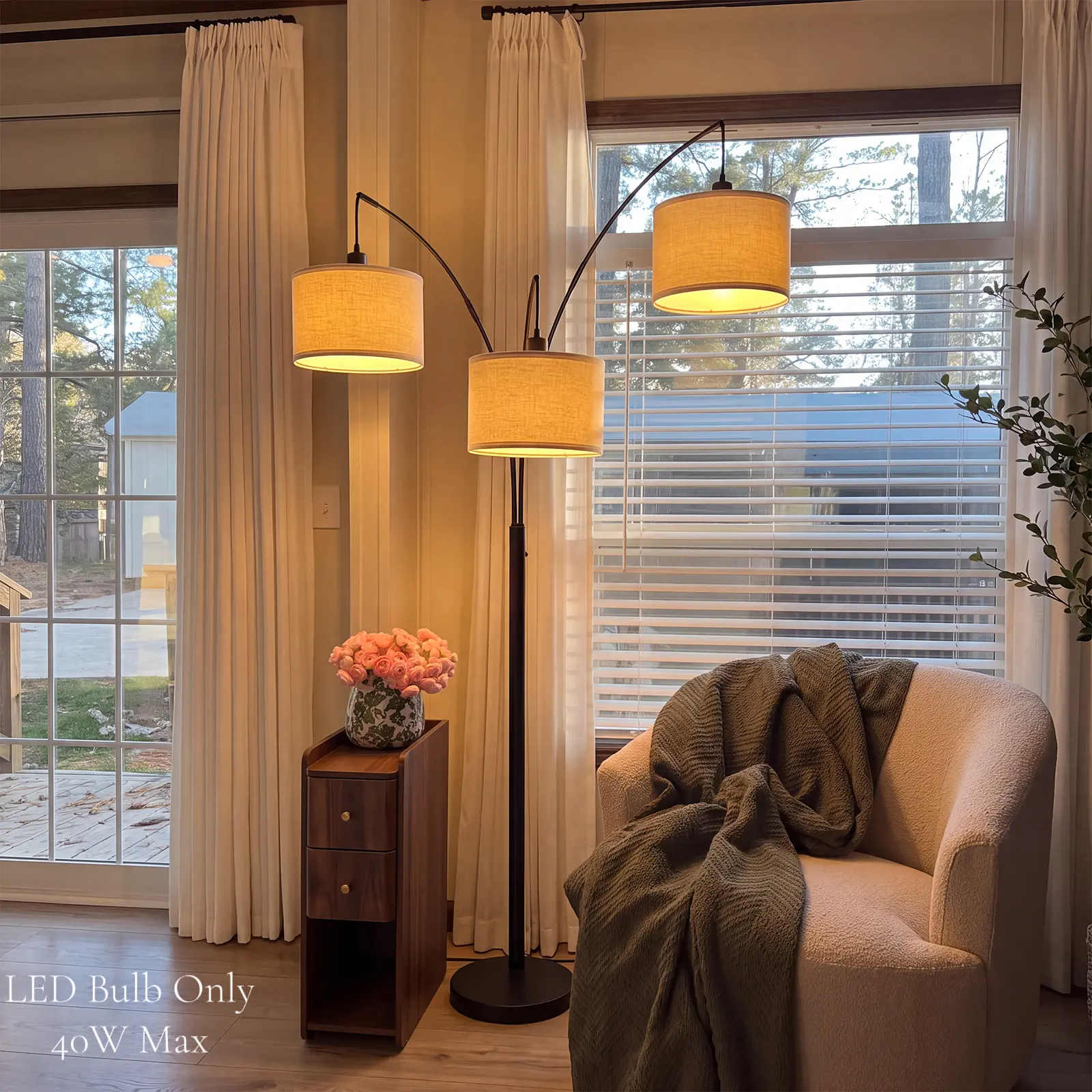 Hoodink Dimmable 3-Light Arc Floor Lamp - 1000LM Mid Century Modern Tree Lamp with Beige Shades, Heavy Base, 3x6W LED Bulbs (LED Only) for Living Room, Bedroom, House Decor, Unique Room Decorations, Lights, Lamps