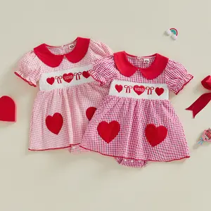 Infant Baby Girl Valentine's Romper Dress Smocked Short Sleeve Heart Bow Embroidery Plaid Jumpsuit Spring Summer 0-18 Months