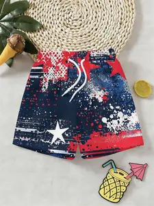 Trendy Boys' American Ink Star Printed 3D Beach Pants, Swimwear Shorts, Swimsuit, Perfect for Outdoor Activities, Holiday Gifts, Birthday Presents, Independence Day