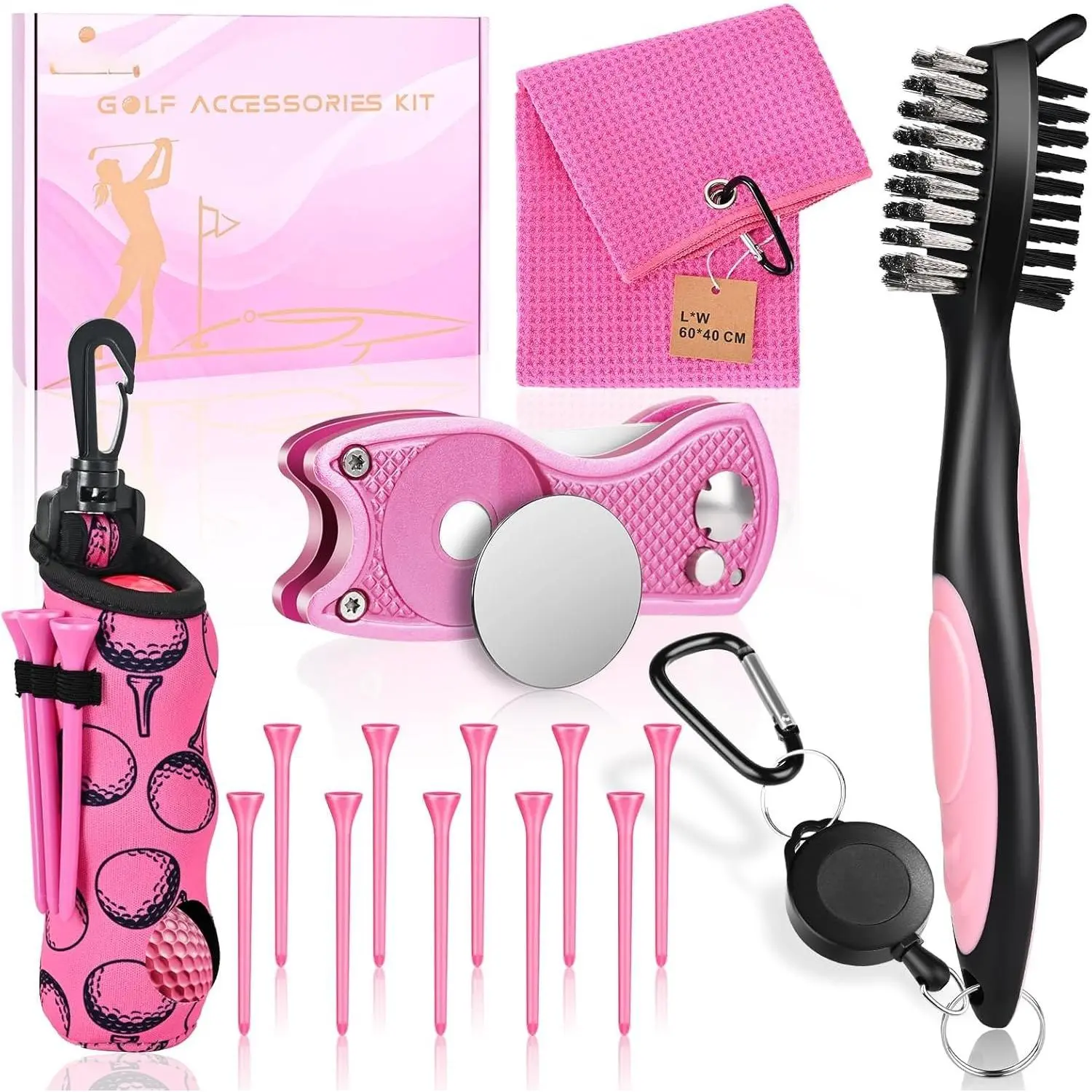 15 count Golf Accessories Kit, Includes Cleaner Brush Towel Tees Golf Ball Bag with Hook Divot Tool with Ball Marker, Golf Essentials Kit for Women Man Gifts