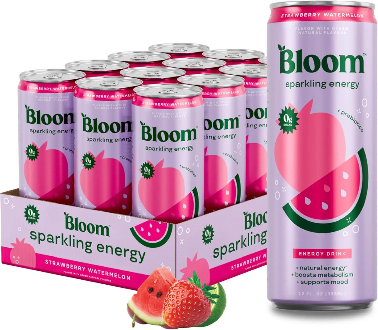 Bloom Nutrition Sparkling Beverage, Natural Caffeine 180mg, Zero Sugar, Strawberry Watermelon Flavor, 12oz Cans, 12 Pack, Green Coffee & Tea Extract, Prebiotics, Antioxidant Blend
