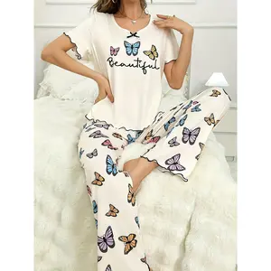Women's Colorful Butterfly Print Casual Frill Trim Lounge Set, Short Sleeve Round Neck Top & Pants, Comfortable Relaxed Fit