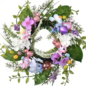 DecorbyHannah Easter Egg Wreaths for Front Door, 18" Easter Door Wreath Decorations with Pastel Electroplated Eggs, Artificial Spring Wreath with Hydrangeas Flowers for Home Wall Window Outdoor Decor