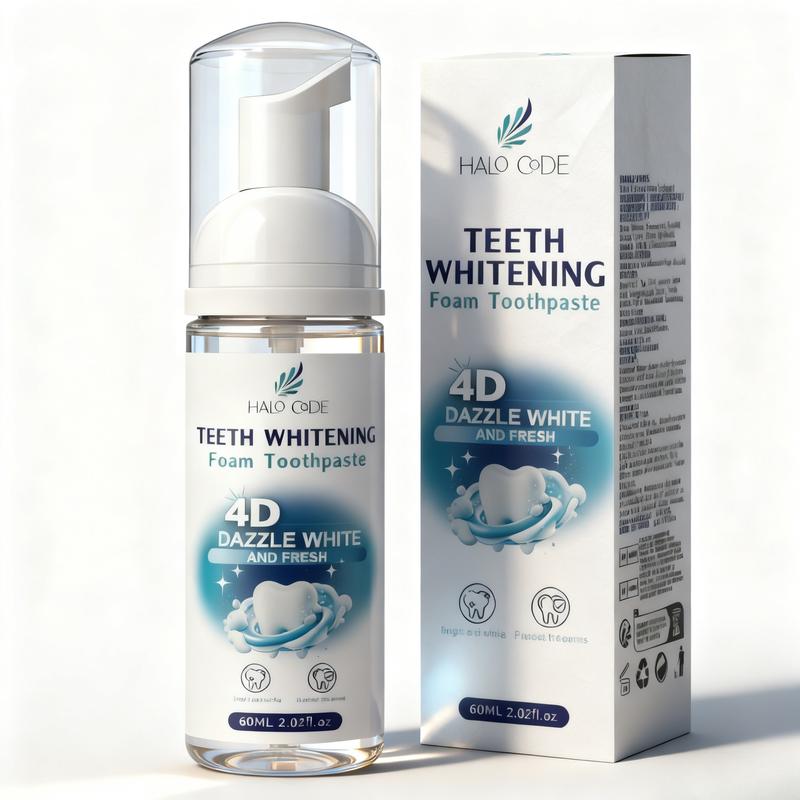 Halo Code 4D Dazzle White Foam Toothpaste for Adults Effective Oral Care Bad Breath Killer Natural Herbal Fresh Breath Teeth Whitening Fluoride-Free Mint Flavor 2-in-1 Solution 60ml