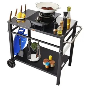 VEVOR Outdoor Grill Dining Cart, Iron Countertop Multifunctional Cart with Double-Shelf Racks, 2 Wheels, Carry Handle, Canister, Portable Modular Food Prep Worktable for Pizza Oven, Black