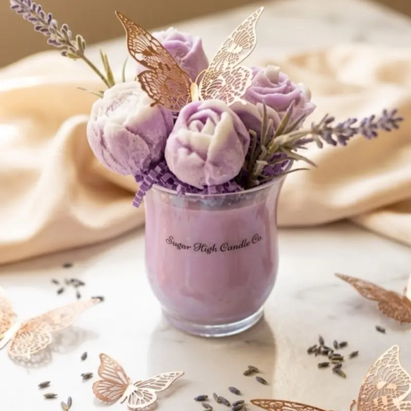 Sugar High Candle Co. Lavender & Rosemary Scented 10oz Candle and floral wax melts in Glass Vase with Gold Butterfly Decorations