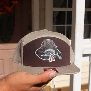 Men's Snapback Flat Bill Hat with Dog Logo - Brown Mesh Back & Khaki Front Design