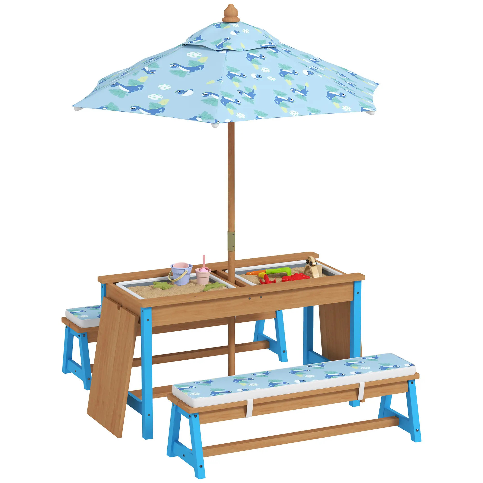 Qaba Kids Picnic Table, Wooden Outdoor Table & Bench Set with Removable Umbrella, Children Sand and Water Activity Table for Patio, Backyard, Gift for