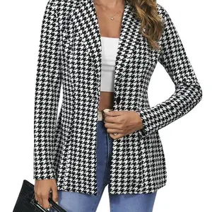 Women's Houndstooth Blazer Button Down Long Sleeve Lapel Collar Office Suitblazers Open Front Stretchy Slim Work Casual Jacket Check Clothes Soft Polyester Fabric Womenswear Bottoms