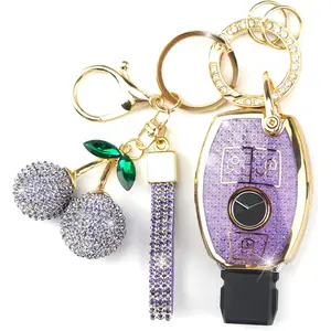 Key Fob Cover with Cherry Keychain, Bling TPU Smart Key Case for Women, Compatible with Mercedes C/C AMG，E/E AMG ，R S G CL GLK ML Series (3-Button, Gold Purple)