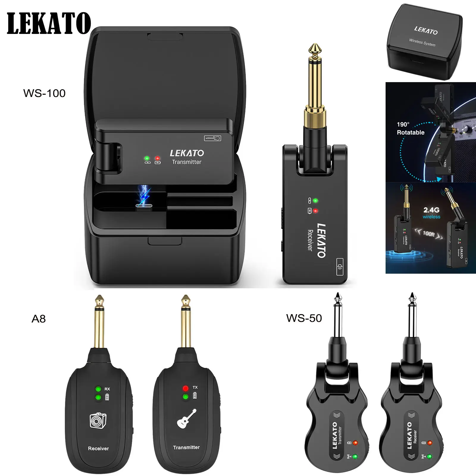 【CRAZY DEAL】 LEKATO WS-100 2.4Ghz Wireless Guitar Audio System Charging Box,Rechargeable Transmitter Receiver Kit, Unleash Your Music Freedom with 100