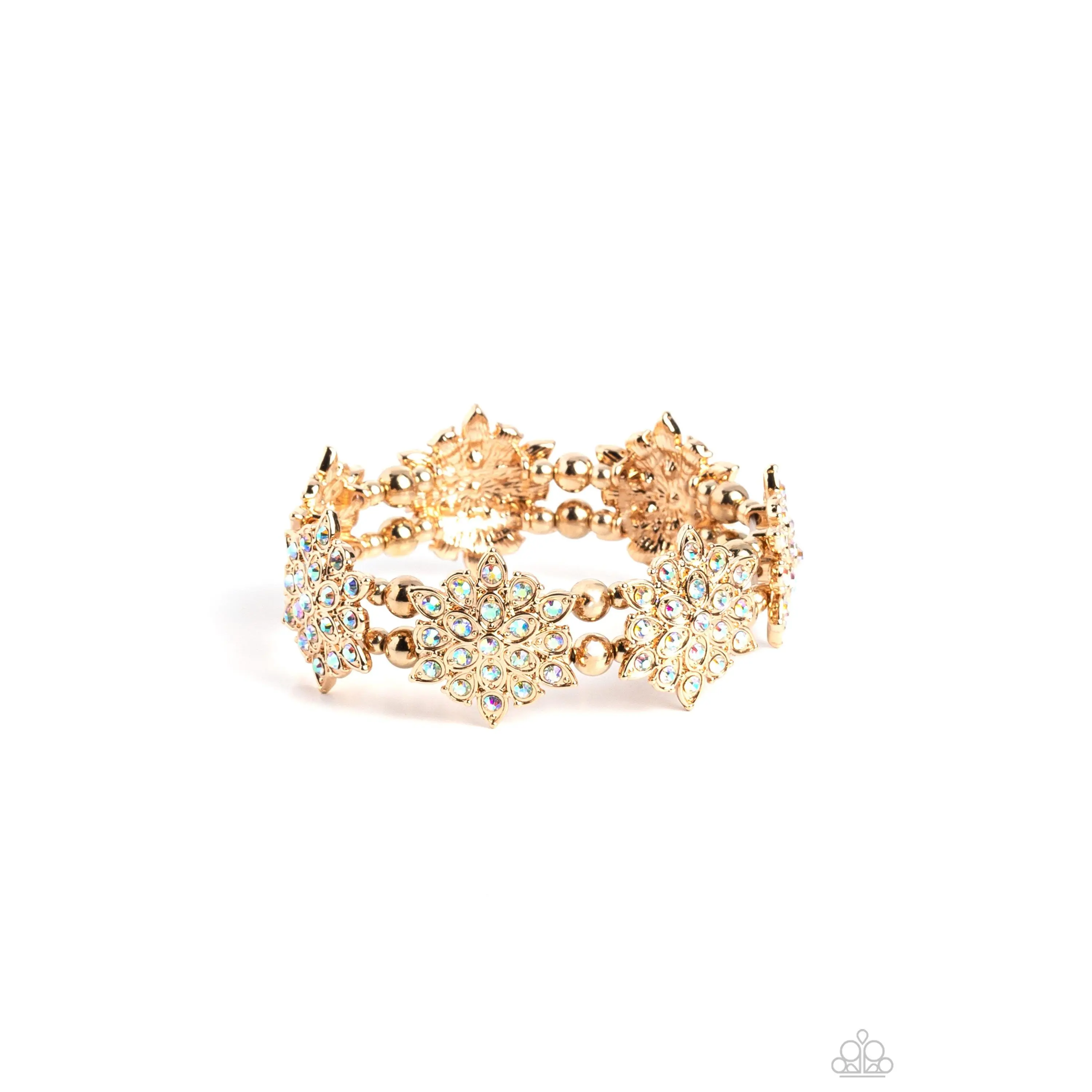 Scintillating Snowflakes - Multi Iridescent Rhinestone Gold Stretchy Bracelet - Paparazzi