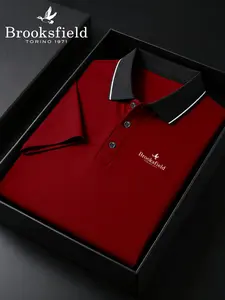 Men's Brooksfield Logo Print Polo Shirt, Quick-Dry Sportswear, Breathable Fabric, Durable Stretch, Short Sleeve, Fitted Style