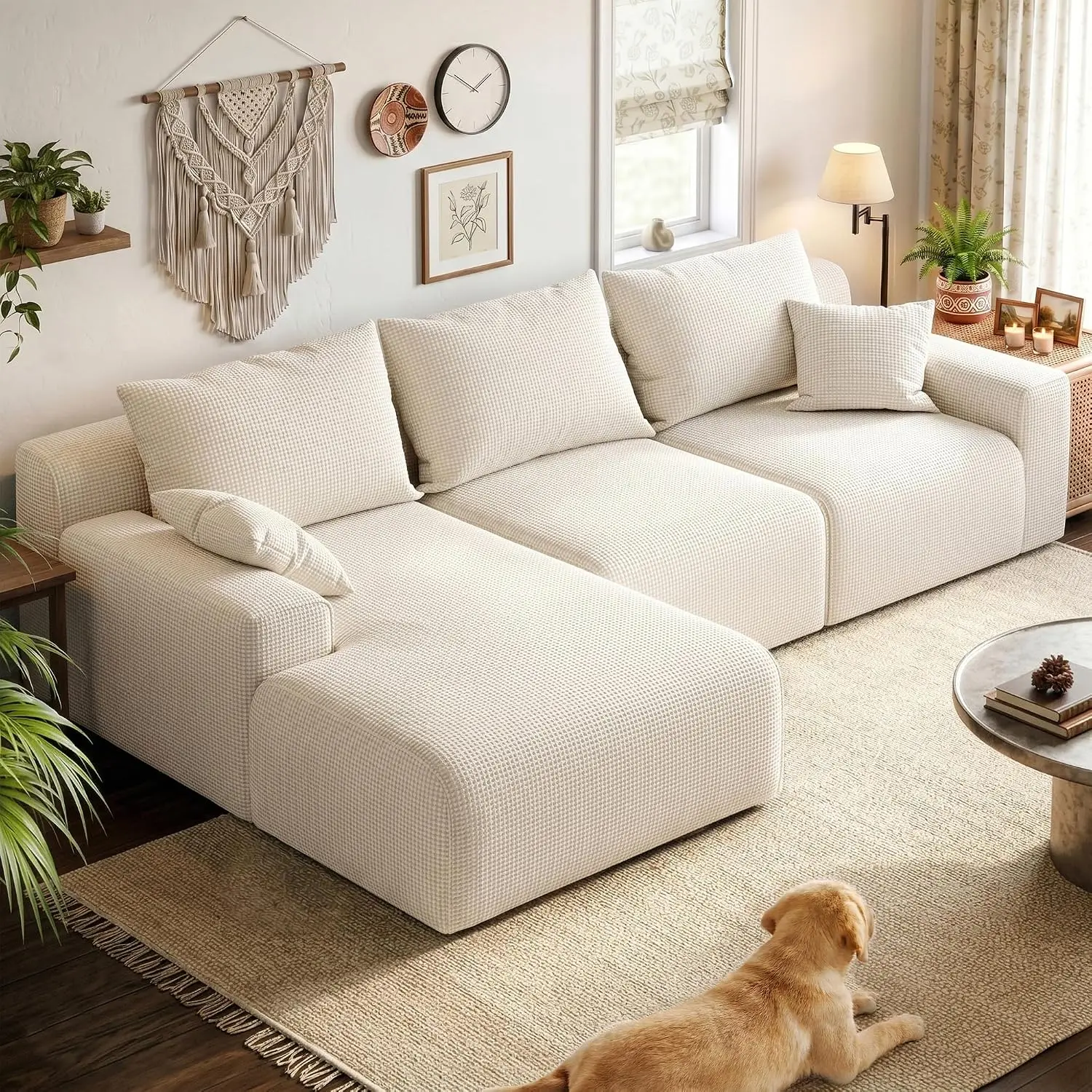 Raybee Modular Sectional Sofa for Apartment, White Check | Boneless Couches for Living Room, L Shaped Couch with Deep Seat, Corduroy Memory Foam Compression Couches for Small Space