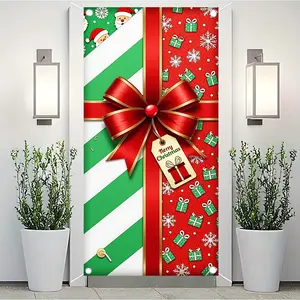 1pc Christmas party banner, made of polyester material, Christmas gift box background picture, suitable for holiday parties, Christmas party decoration, indoor and outdoor decoration, front door decoration