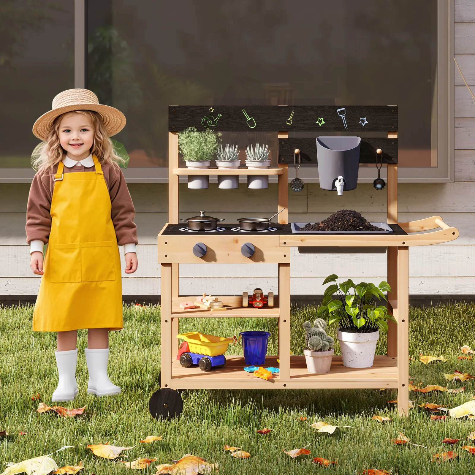 Costzon Wooden Kids Play Kitchen, Outdoor Mud Kitchen with Removable Sink, Water Box & Faucet, Stove Top, Storage Shelves, Fun Backyard Pretend Kitchen Playset , , dad gift