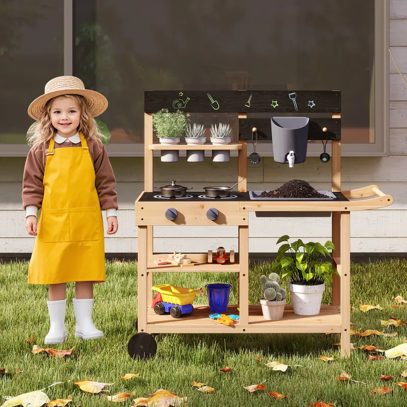 Costzon Wooden Kids Play Kitchen, Outdoor Mud Kitchen with Removable Sink, Water Box & Faucet, Stove Top, Storage Shelves, Fun Backyard Pretend Kitchen Playset , , Gift Season BlackFriday Friends Giving