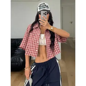 Women's Spring/Summer Vintage Preppy Crop Plaid Loose Crop Tops Red Shirt For New Years