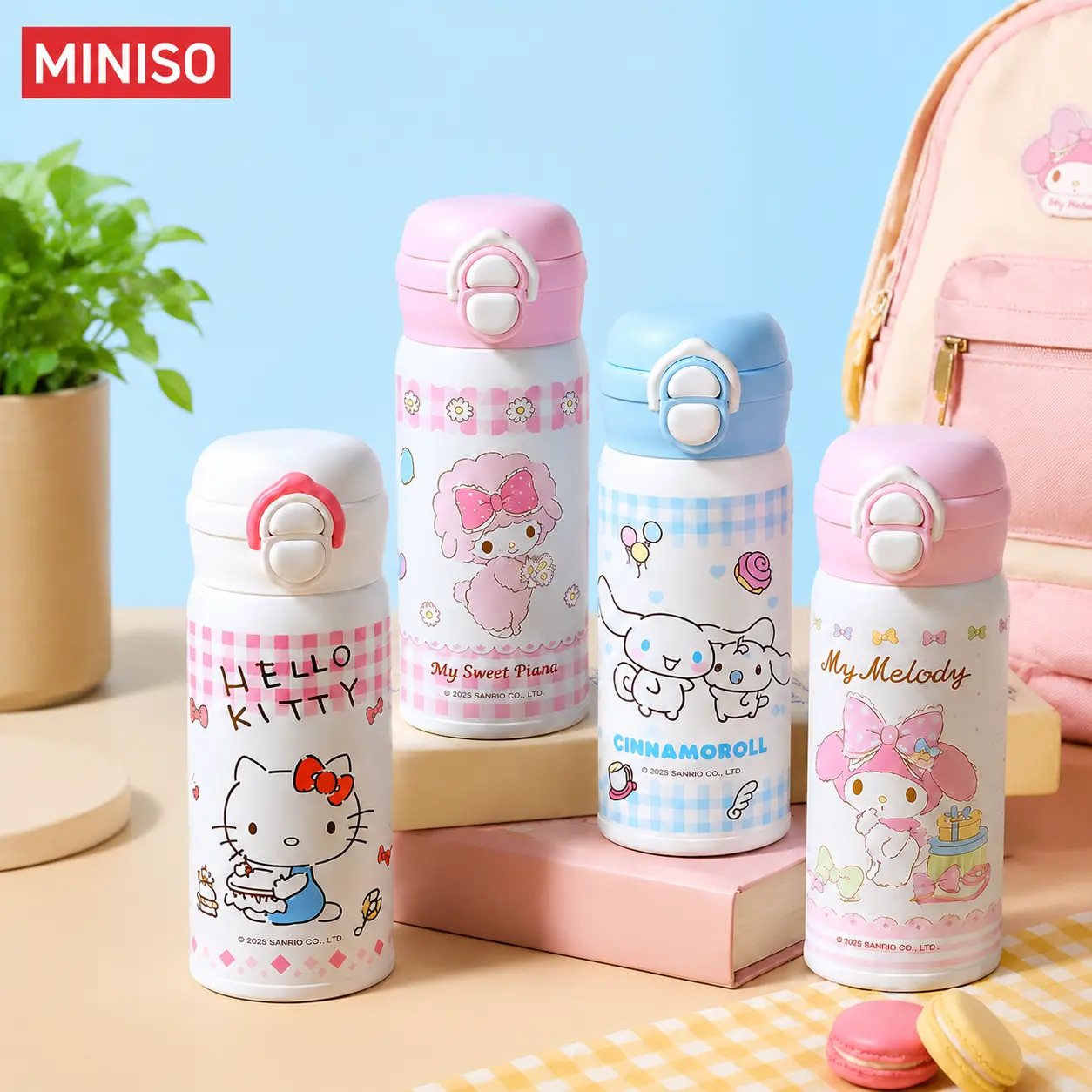 [Back to school]MINISO Sanrio Dual‑Drink Stainless‑Steel Thermos, Cute Compact Portable Leak‑Proof Water Bottle, Dual‑Use Drinking Design, Available In Hello Kitty, My Melody, Kuromi & Cinnamoroll Styles, Kids' Back‑to‑School Gift
