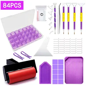 29/33/45/46/77/84Pcs Diamond Painting Tool Kit: Funnel, Diamond Trays, Diamond Pens, Wax Clay, Purple 28-Grid Storage Box, and Accessories