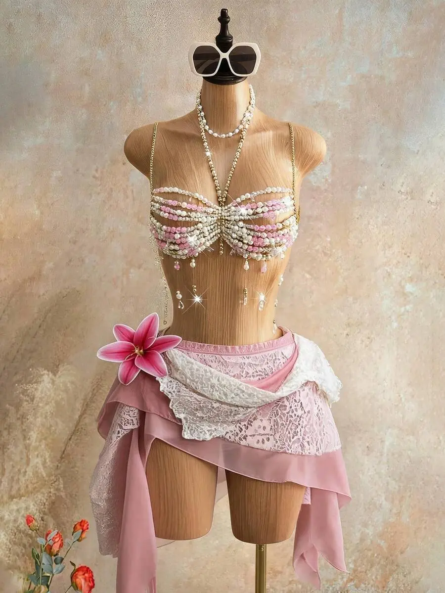 Womens Pink & White Showgirl Cami Top | Belly Dance Rave Crop Top | Summer Beach Festival Party Outfit