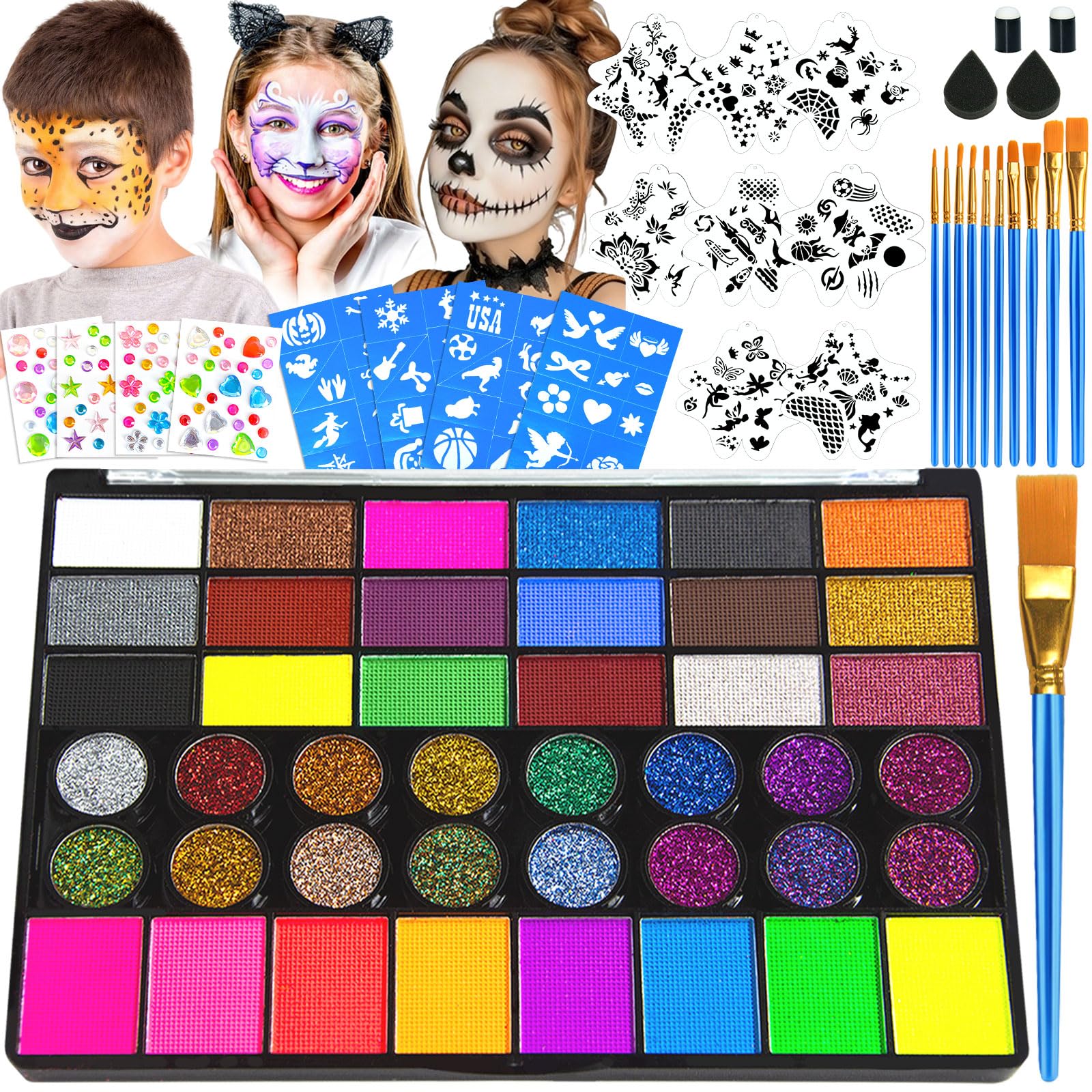 Professional Face Painting Kit for Kids 42 Color Water Activated Makeup with Stencils Gems Brushes for Halloween Parties Carnival School Event Festivals Non-Toxic Gentle Formula Coverage
