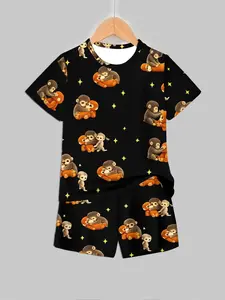 Adorable Toddler Boy Streetwear Set, New Monkey Family Full-Print Short Sleeve Shorts Two-Piece, Casual Asymmetrical Design