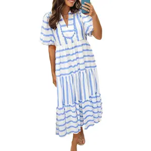 Mntaor Women's Chic Sky Blue Stripe Dress with Ricrac Trim & Notched Neck Half Sleeve Flowy Tiered Hem Ideal for Seaside Getaways Vacations & Romantic Dinners Casual Womenswear