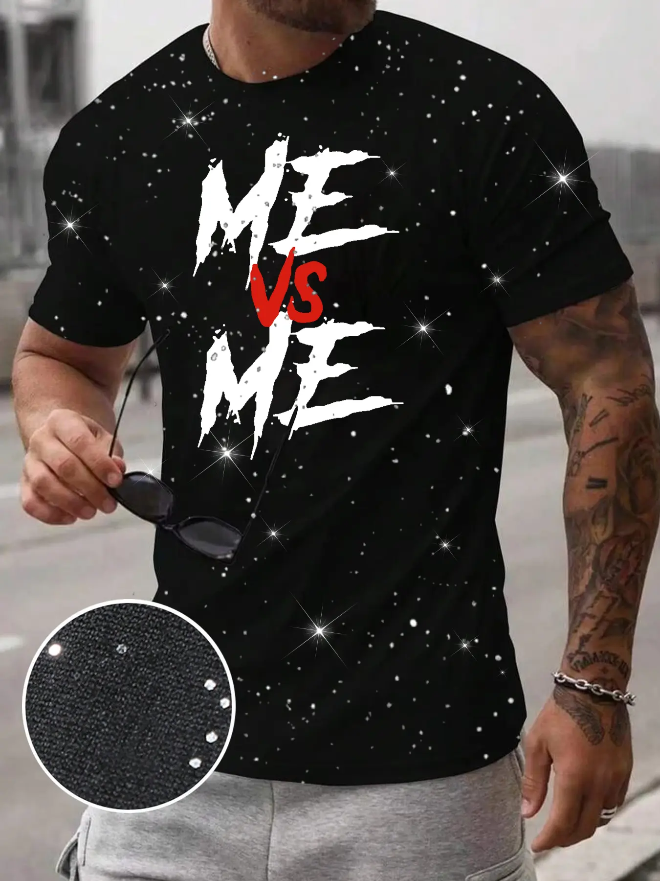 Men's Casual Short Sleeve Fitted T-Shirt, Aesthetics, Star Texture, Graffiti, Sparkle Details, Silver Color Fabric, Gym Streetwear