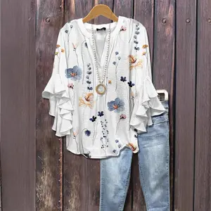 New Floral Element Print Digital Print Casual Trendy V-neck Ruffle T-shirt Women's Clothing Sleeve Top Womenswear Blouse Coat