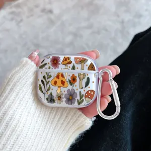 Mushroom Floral Dream Pattern Protective Case for AirPods 4/3/2/1/Pro/Pro2 Soft TPU Earphone Cover, Transparent with Keychain