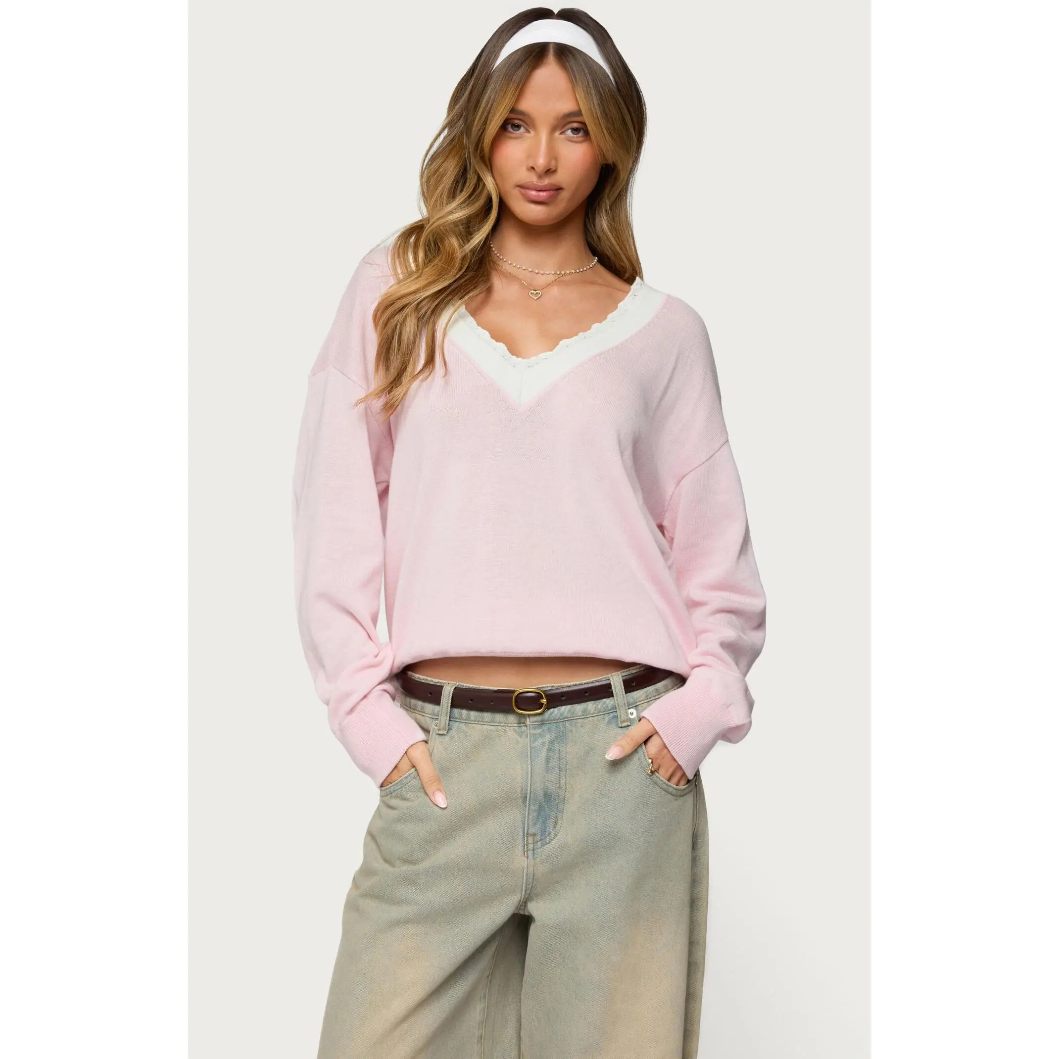 Edikted Women's Marie Contrast Lacey V Neck Sweater