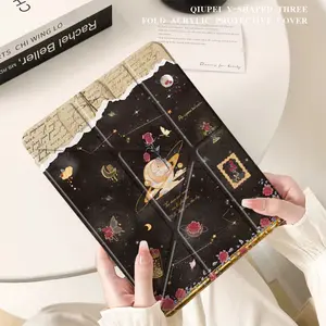 Night Moon Rose Foldable iPad Case With Pencil Holder Slim Shockproof Hard Acrylic Back Cover Auto Sleep Wake Compatible with iPad 10/9/8/7, Air 2/3/4/5/6/7, Pro 9.7/10.5/11/12.9 Inch