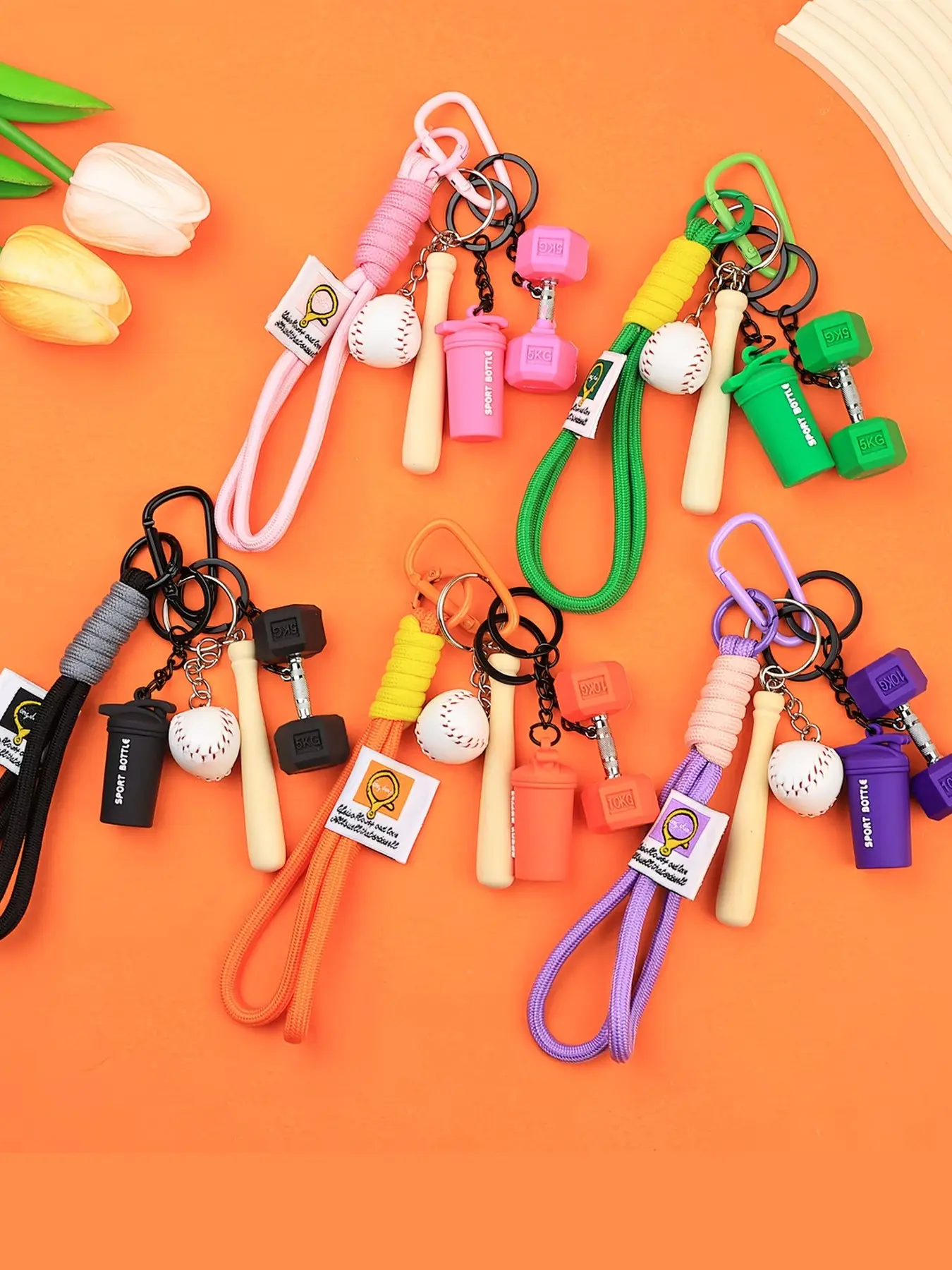 Sports Style Baseball Keychain Wristlet Strap With Dopamine-Colored Woven Rope Charm, Key Charms, Matched With A Realistic Baseball, Mini Bat, Sports Water Bottle Pendant. Suitable For Bags And Keys, Perfect For Couples To Give Each Other