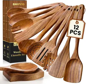 SNUVID 12-Piece Teak Wood Cooking Utensils Set with Spoon Rest Nonstick Heat Resistant Natural Healthy Spatula for Pots and Pans Easy to Clean and Store