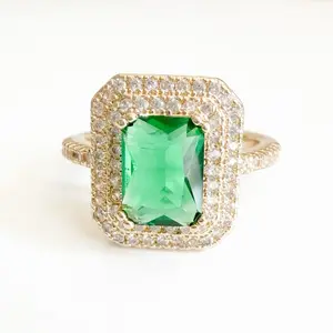 14k Plated Green Emerald-Cut AAA CZ Cocktail Ring